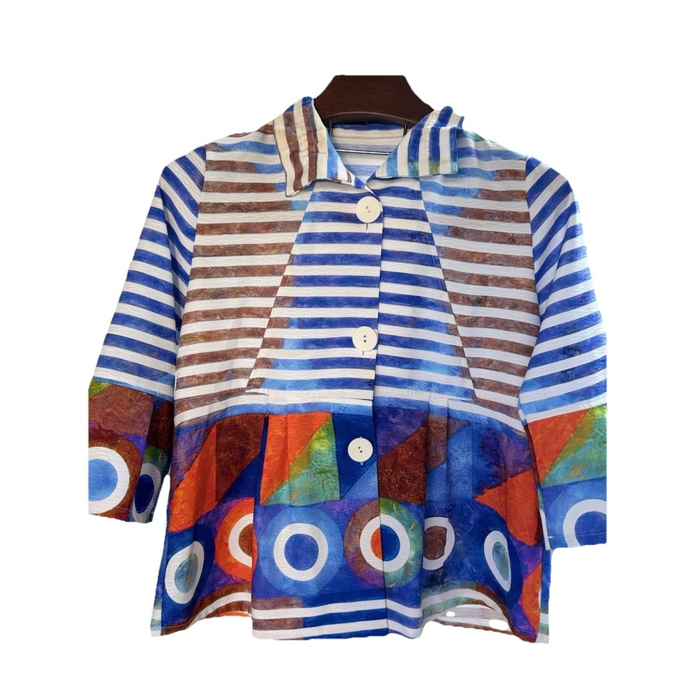 Damee Small Abstract Art Colorful Asymmetrical Pocket Geometric Tunic Top Blouse